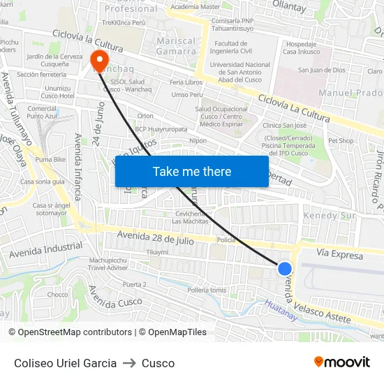 Coliseo Uriel Garcia to Cusco map