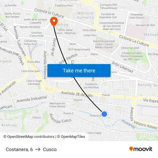 Costanera, 6 to Cusco map