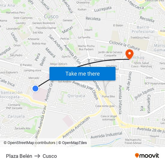Plaza Belén to Cusco map