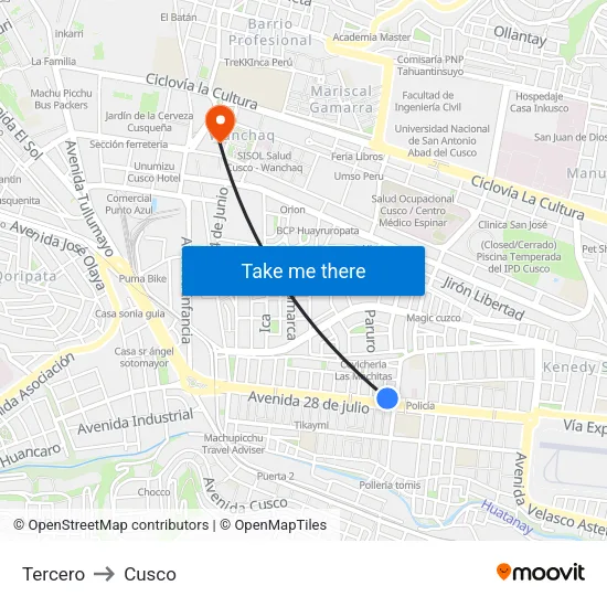 Tercero to Cusco map
