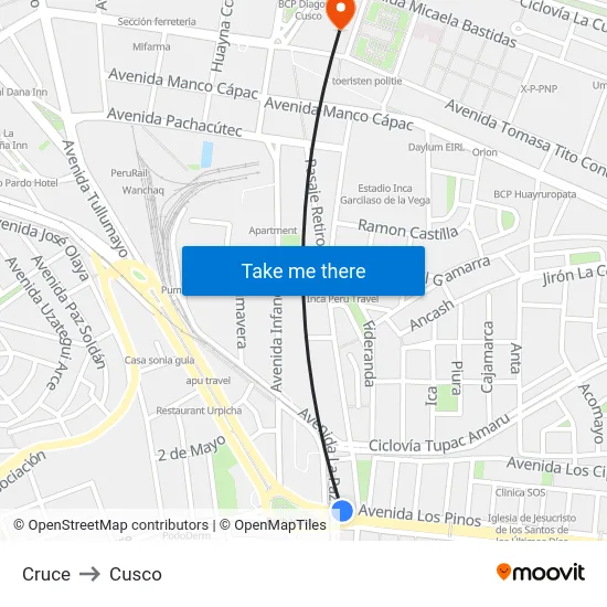 Cruce to Cusco map