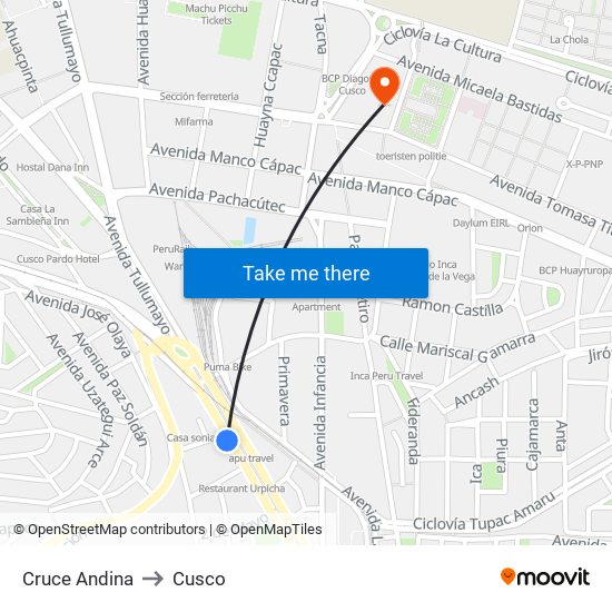 Cruce Andina to Cusco map