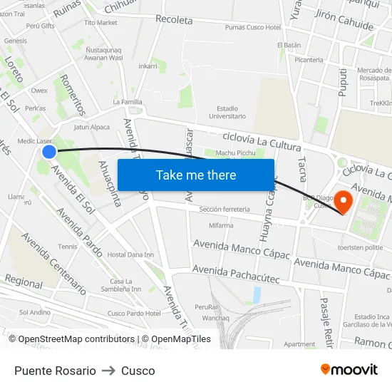 Puente Rosario to Cusco map