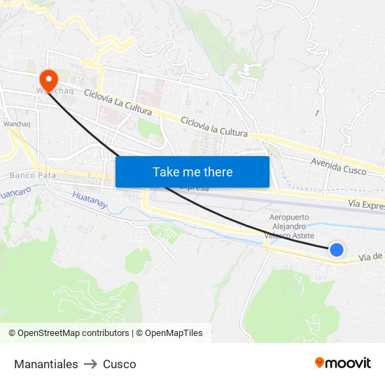 Manantiales to Cusco map