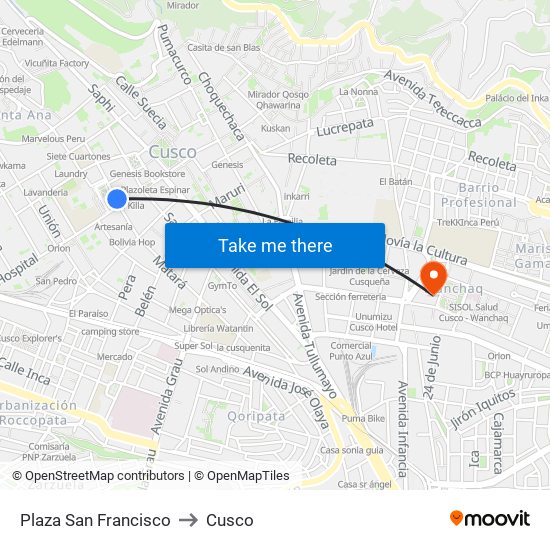 Plaza San Francisco to Cusco map