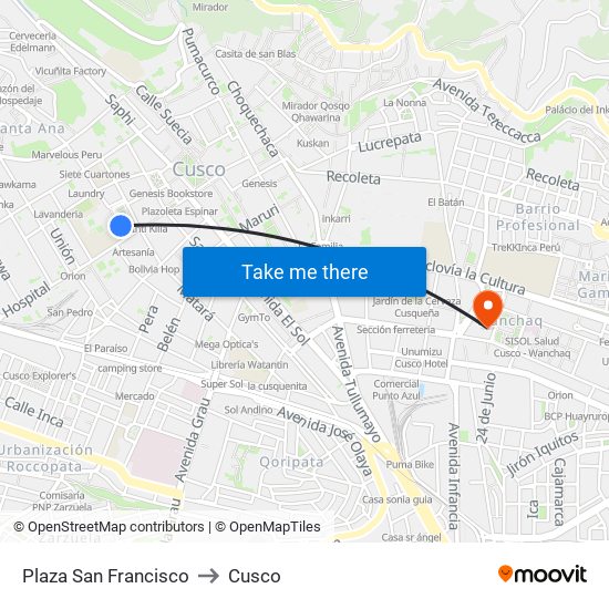 Plaza San Francisco to Cusco map