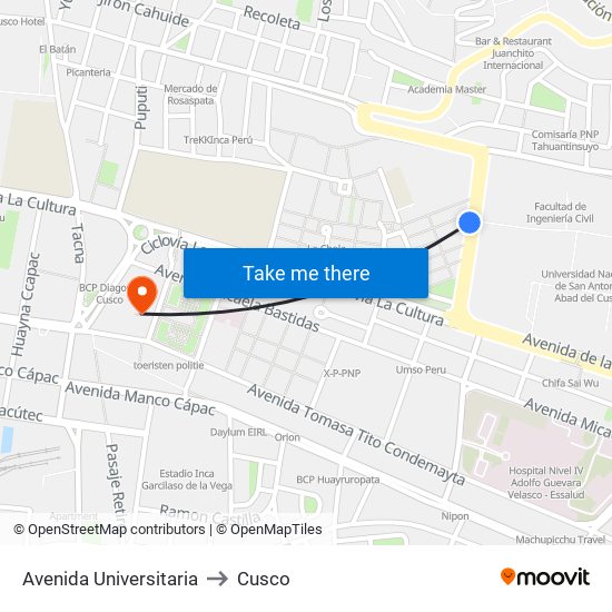 Avenida Universitaria to Cusco map