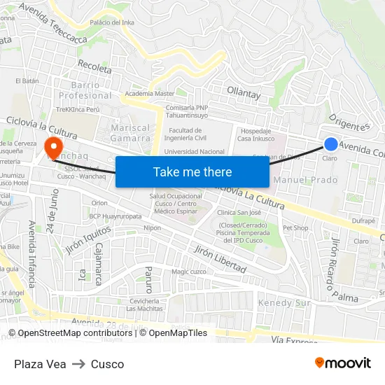 Plaza Vea to Cusco map