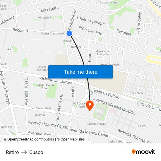 Retiro to Cusco map