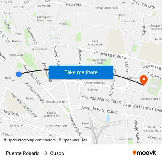 Puente Rosario to Cusco map