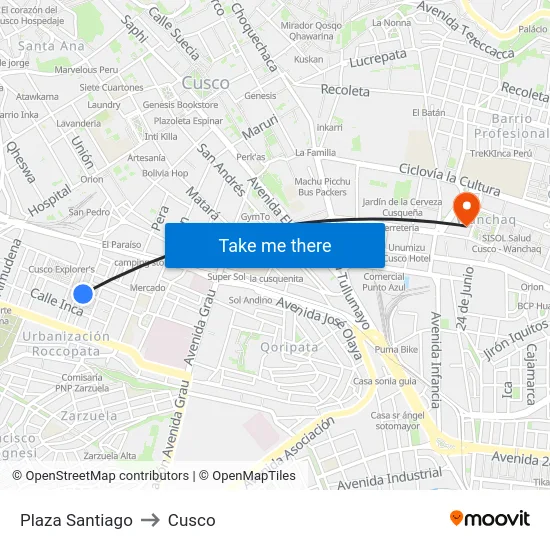 Plaza Santiago to Cusco map