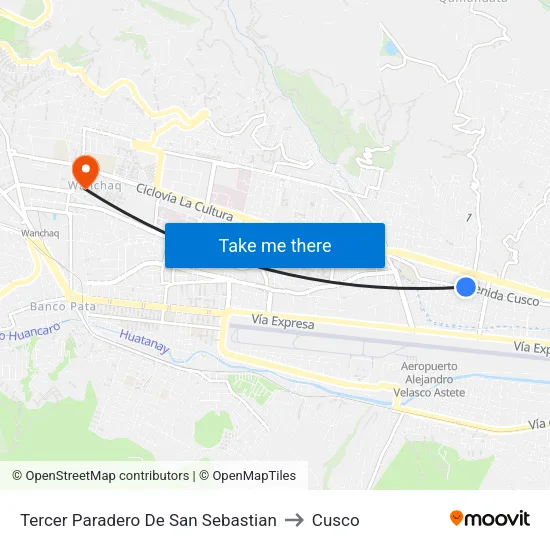 Tercer Paradero De San Sebastian to Cusco map