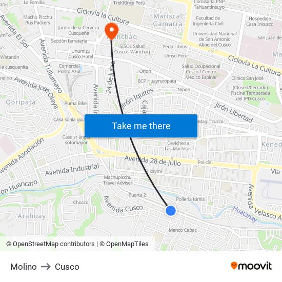 Molino to Cusco map