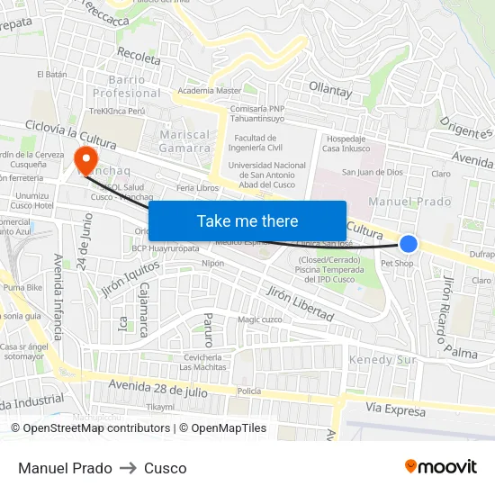 Manuel Prado to Cusco map