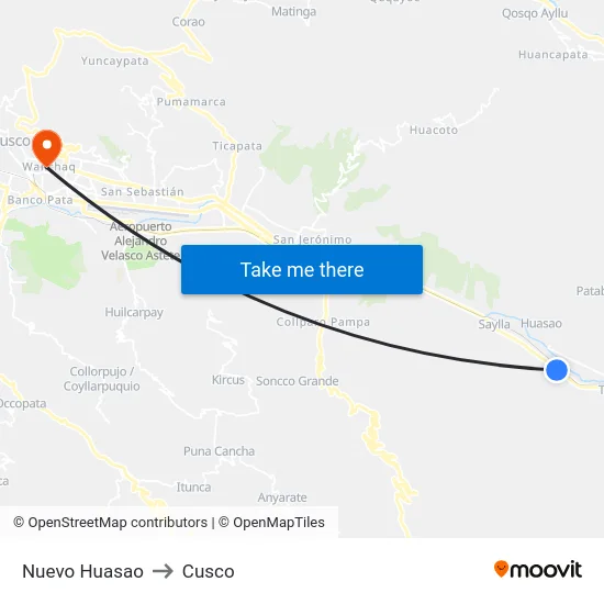Nuevo Huasao to Cusco map