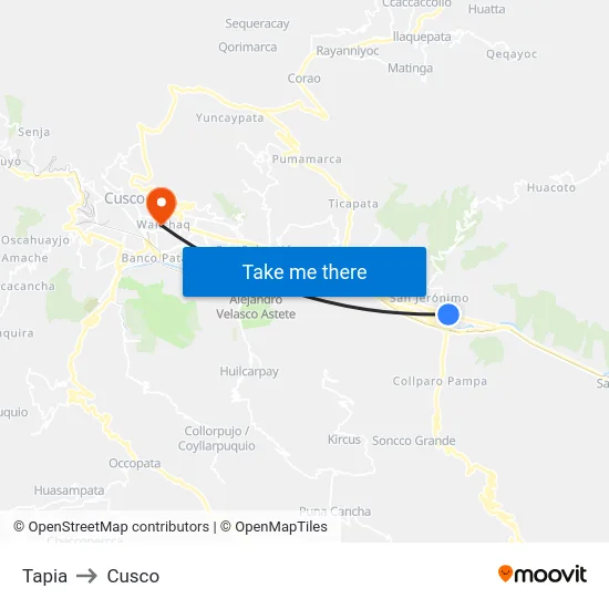 Tapia to Cusco map