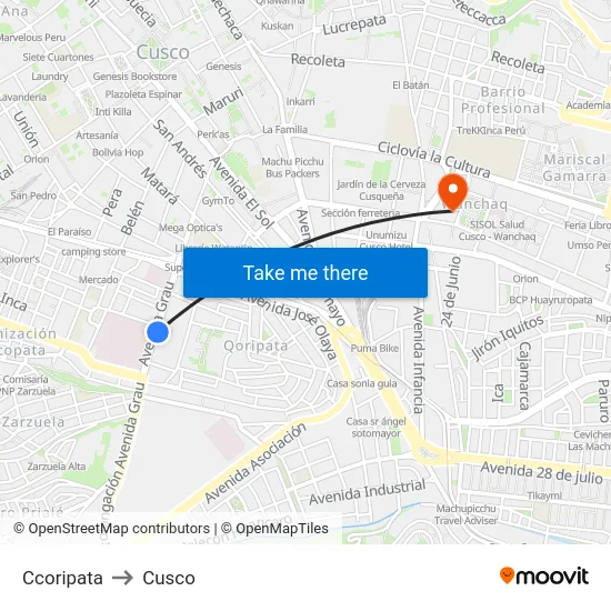 Ccoripata to Cusco map