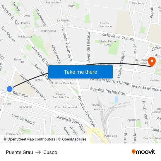 Puente Grau to Cusco map