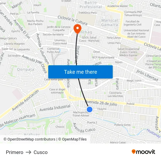 Primero to Cusco map