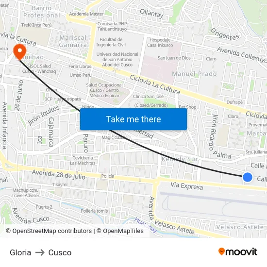 Gloria to Cusco map