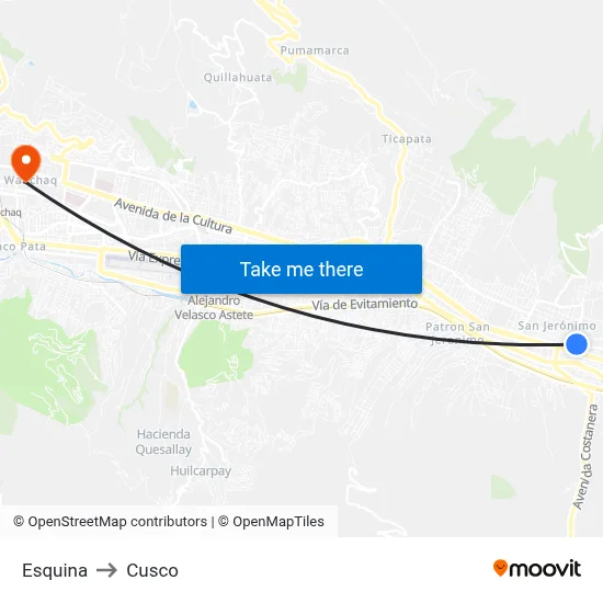 Esquina to Cusco map