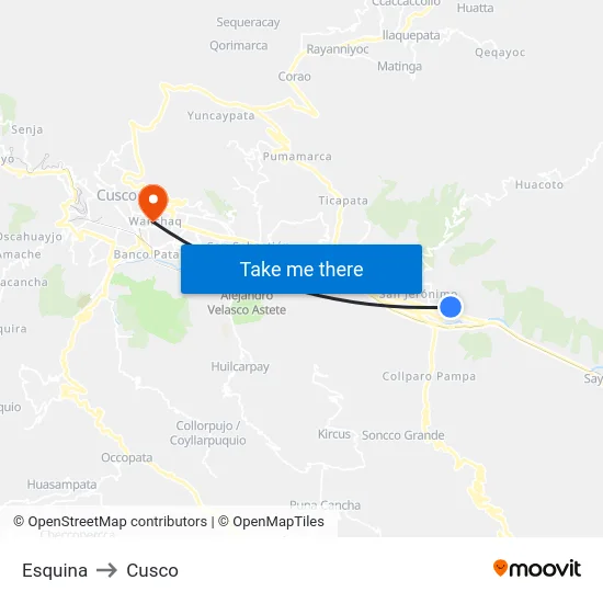 Esquina to Cusco map
