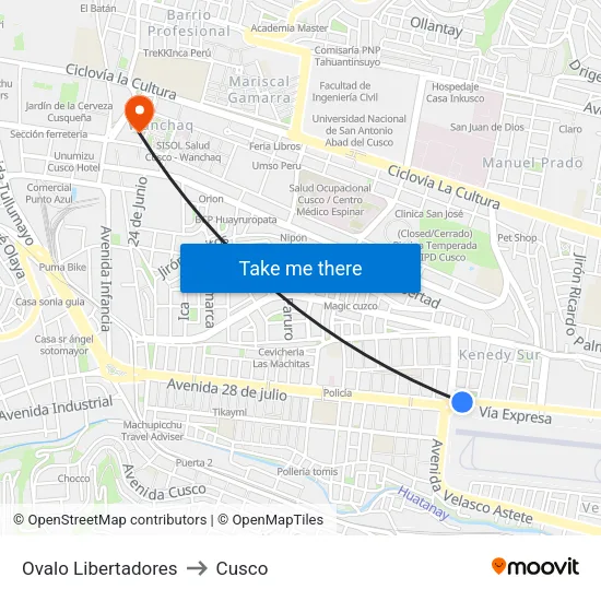 Ovalo Libertadores to Cusco map