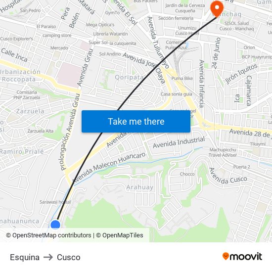 Esquina to Cusco map