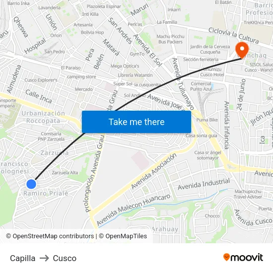 Capilla to Cusco map