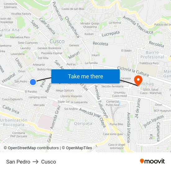 San Pedro to Cusco map