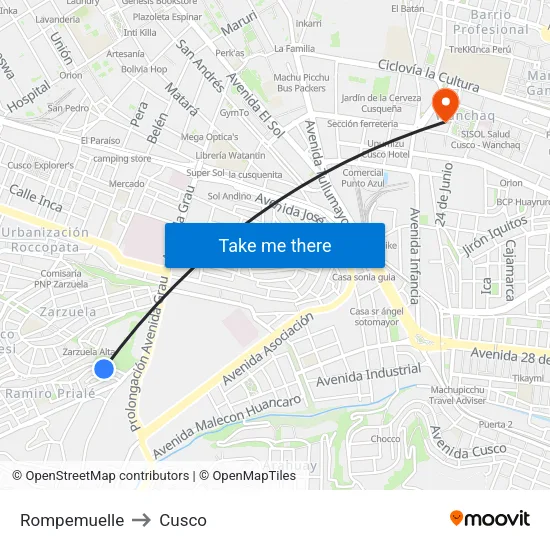 Rompemuelle to Cusco map