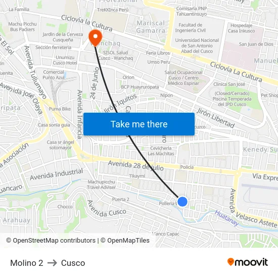 Molino 2 to Cusco map