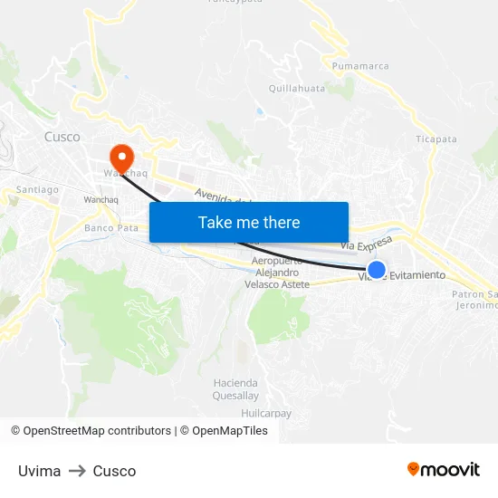 Uvima to Cusco map