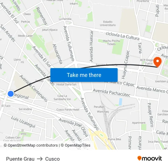 Puente Grau to Cusco map