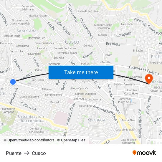 Puente to Cusco map