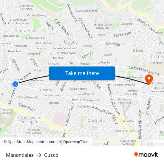 Manantiales to Cusco map