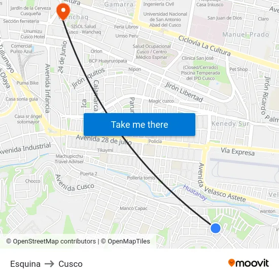 Esquina to Cusco map