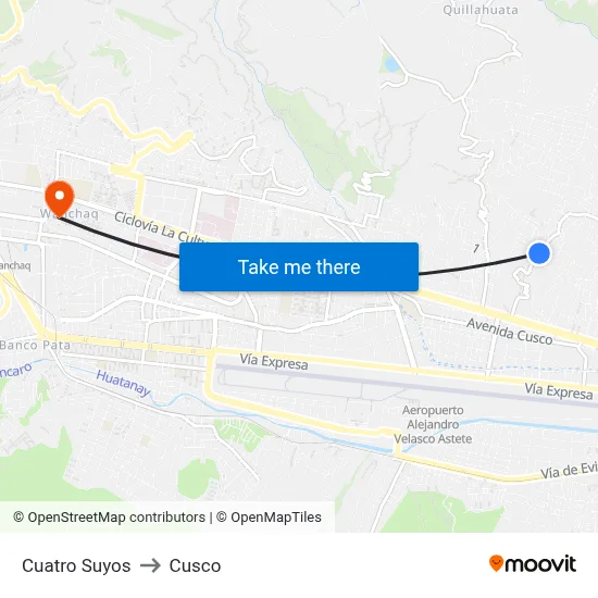 Cuatro Suyos to Cusco map