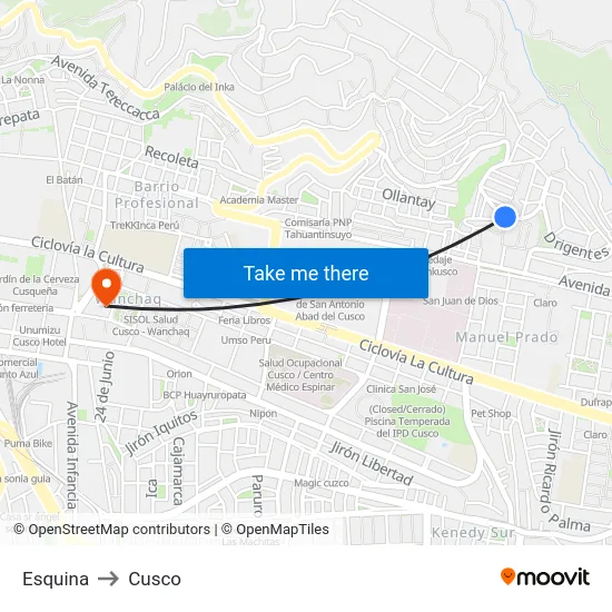 Esquina to Cusco map