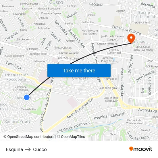 Esquina to Cusco map