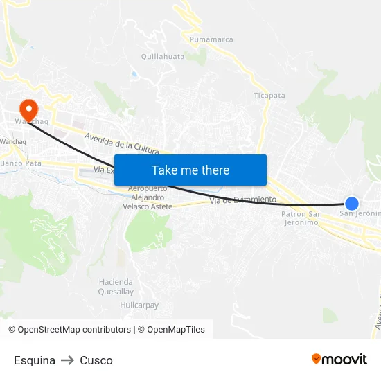 Esquina to Cusco map