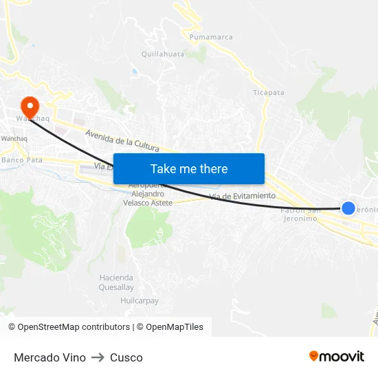 Mercado Vino to Cusco map
