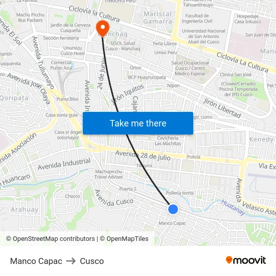 Manco Capac to Cusco map