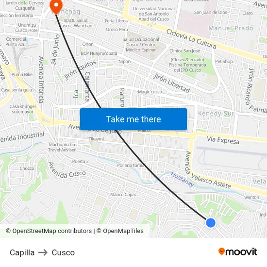 Capilla to Cusco map