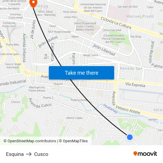 Esquina to Cusco map
