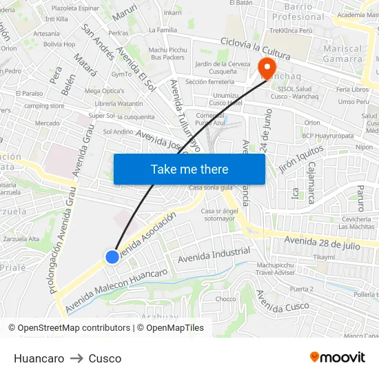 Huancaro to Cusco map