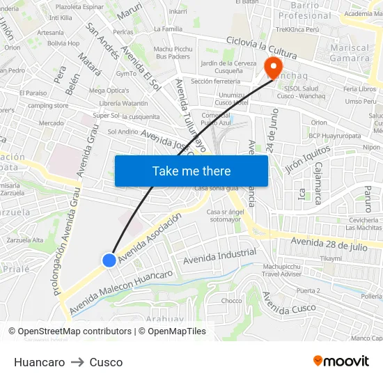 Huancaro to Cusco map