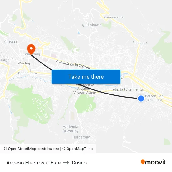 Acceso Electrosur Este to Cusco map