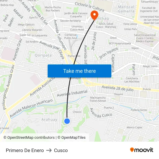 Primero De Enero to Cusco map