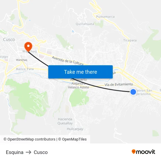 Esquina to Cusco map